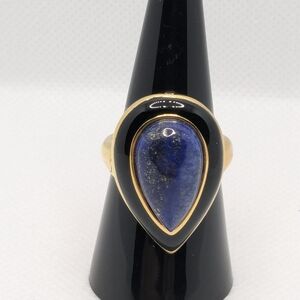 Lapis Lazali Black Enameled Ion Gold & Blue Teardrop Stainless Steel Ring Size 8